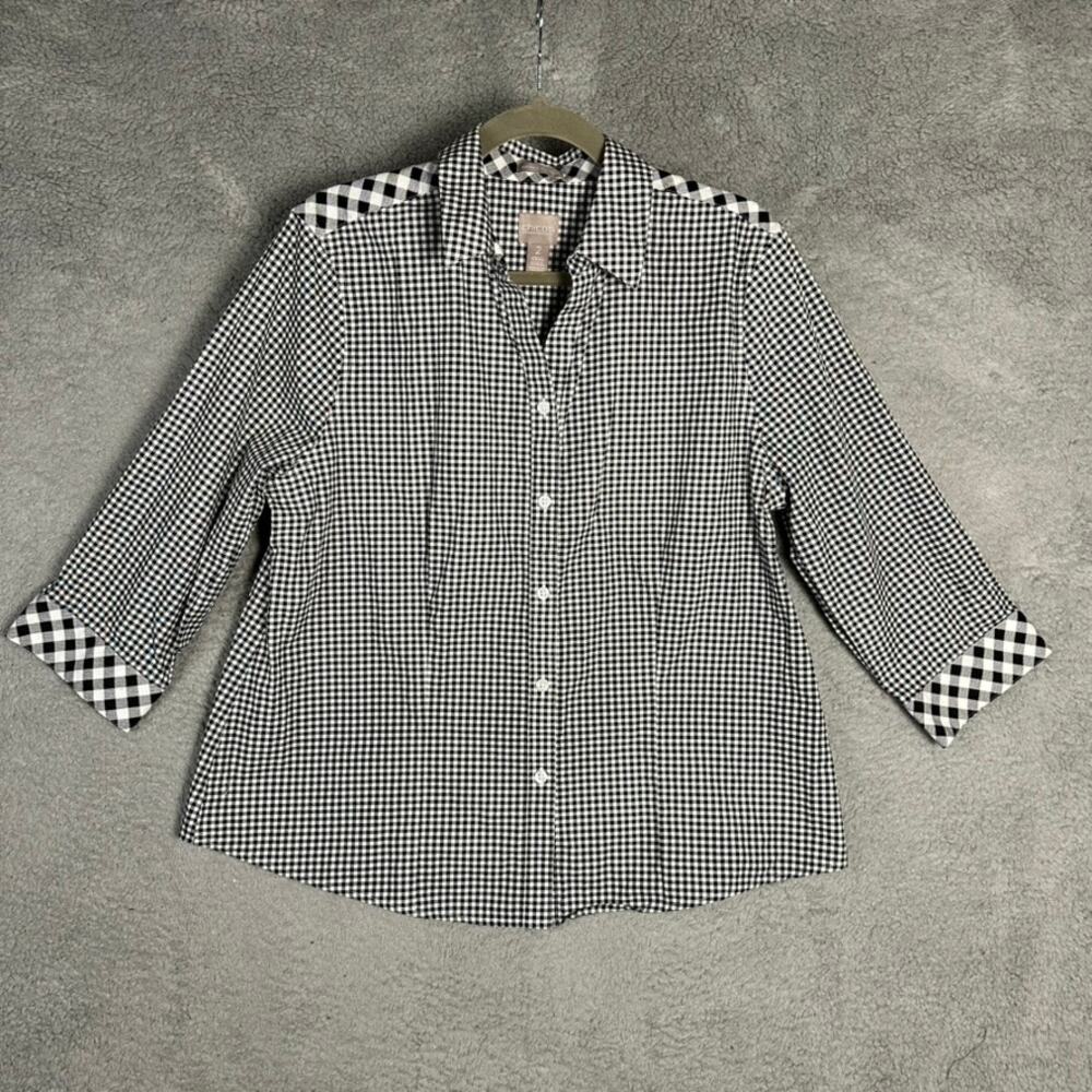 Chico's Size 2/Lg Black White Checkered Button‎ Up Top 3/4 Sleeves Casual Summer